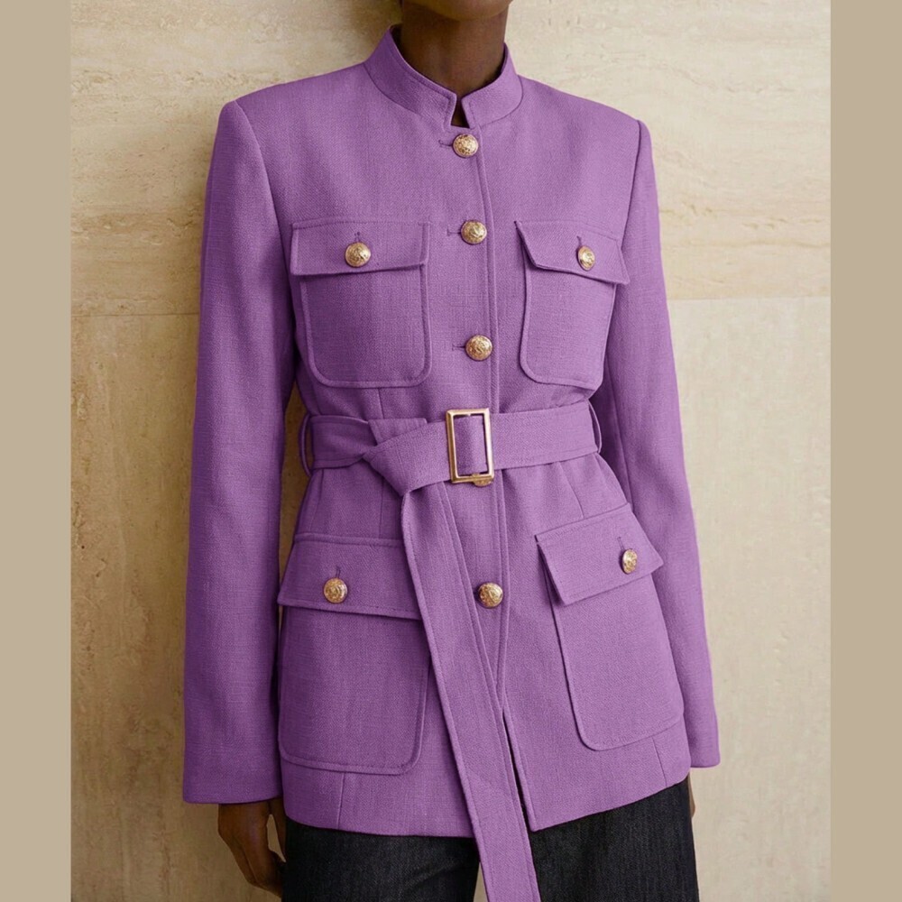 Lilac Purple Gold Button Stand Collar Flap Pocket Military Utility Blazer